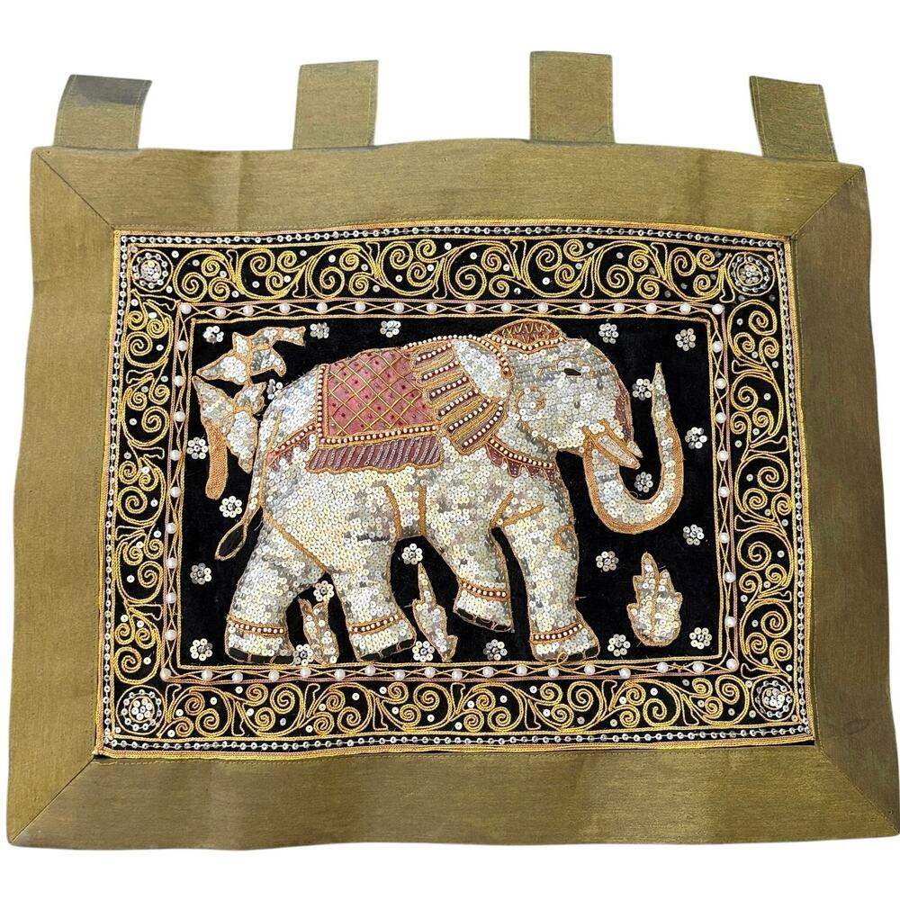 Vintage Burmese Kalaga Elephant Tapestry Bead Sequin Wall Hanging Embroidered